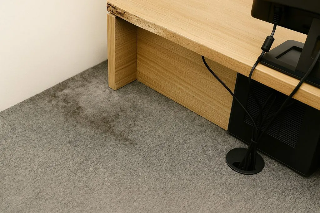 Worn office carpet with stains and a chipped wooden desk near exposed computer cables