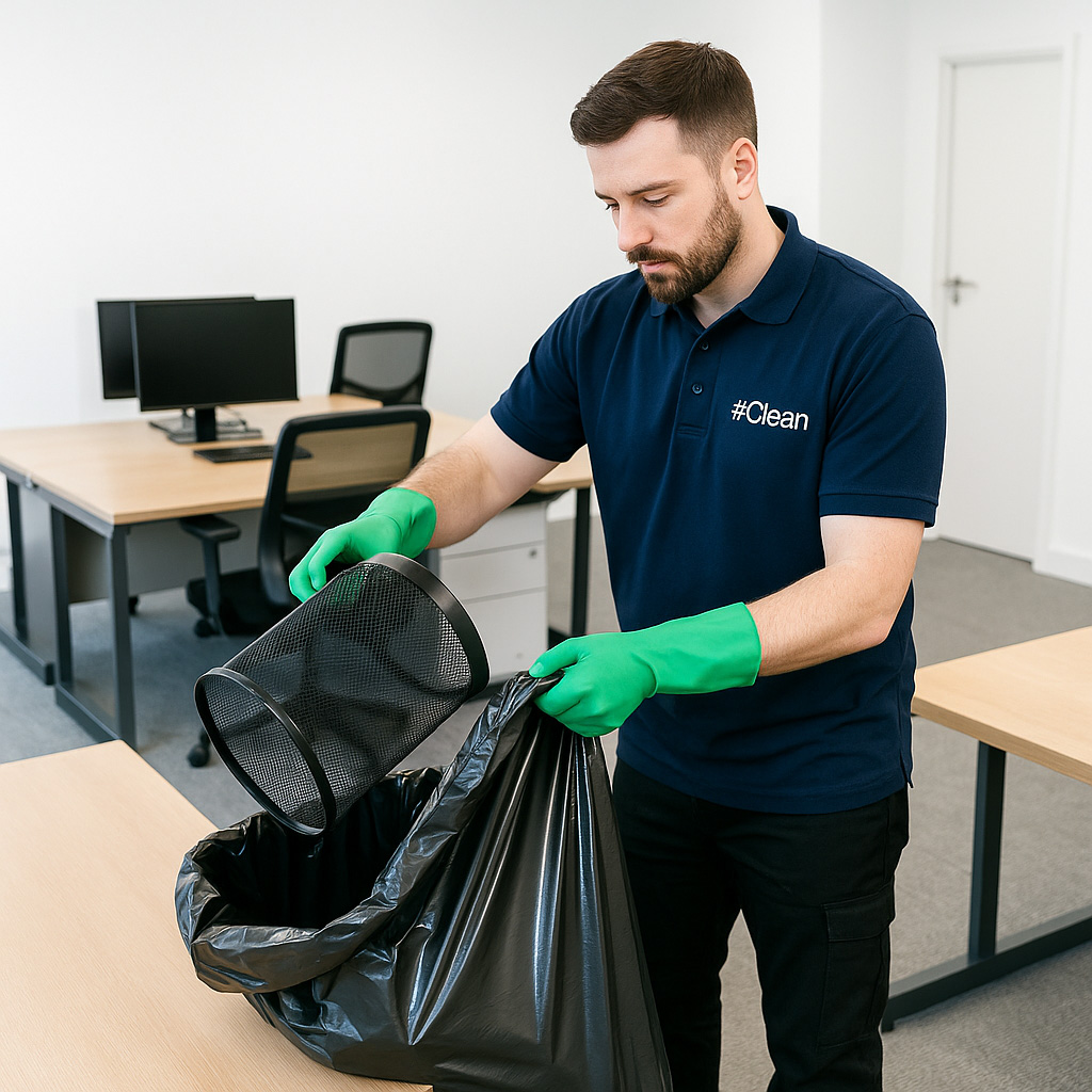 Office Cleaner Clearing Bins