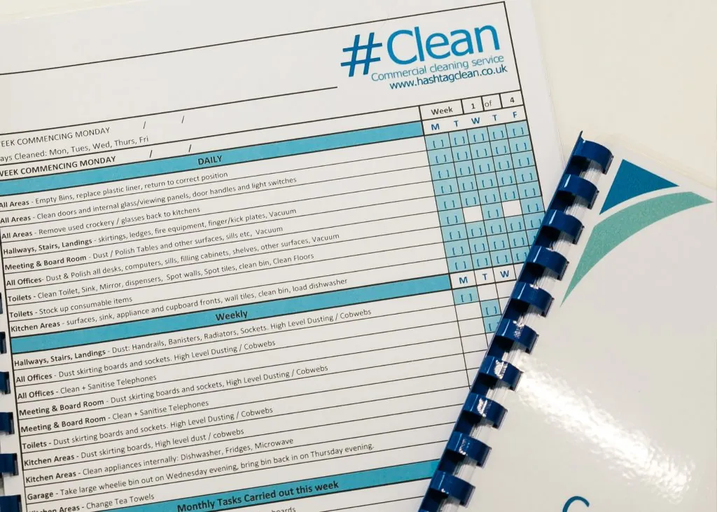 Close-up of a Hashtag Clean office cleaning checklist detailing daily and weekly office cleaning