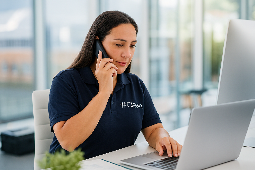 Louise Rumens Hashtag Clean Operations Manager On Phone