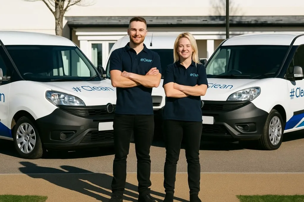 Two Hashtag Clean staff members stand smiling with arms folded in front of branded vans