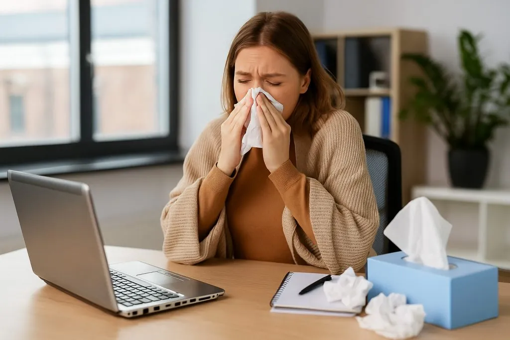 Female employee with flu symptoms using tissues at her desk, highlighting the impact of poor