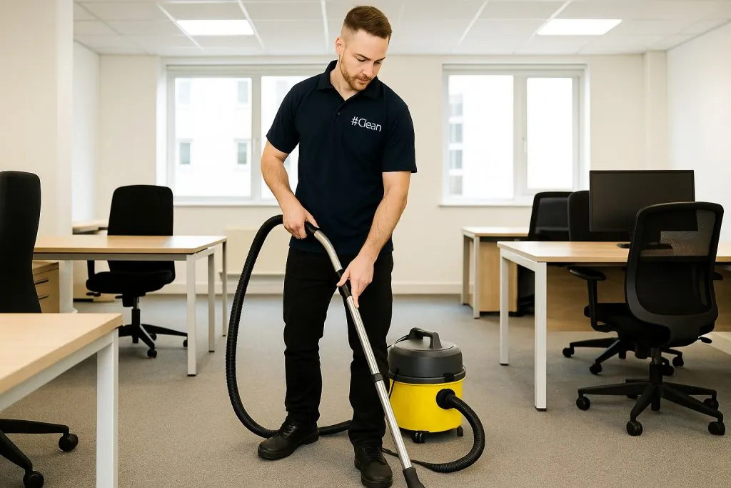 Hashtag Clean staff member vacuuming a modern office with clean desks and natural lighting