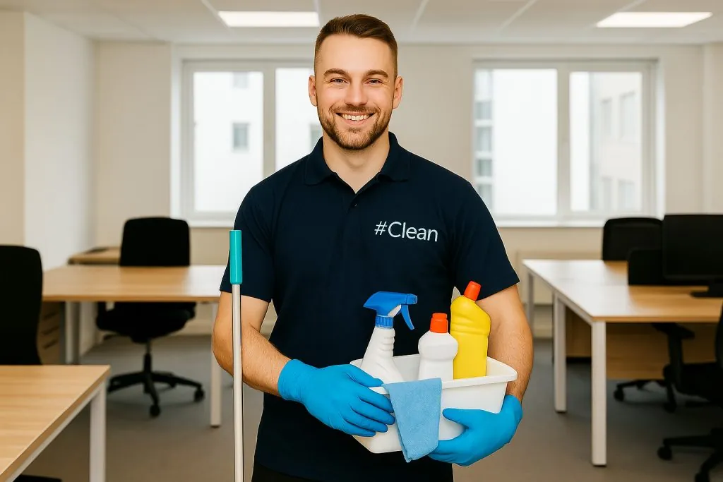 Hashtag Clean staff member smiling proudly while holding cleaning supplies in a modern office