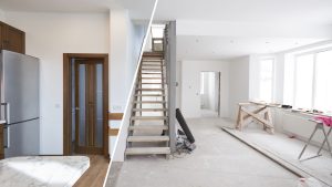 Before and after interior view showing results of professional post-construction cleaning