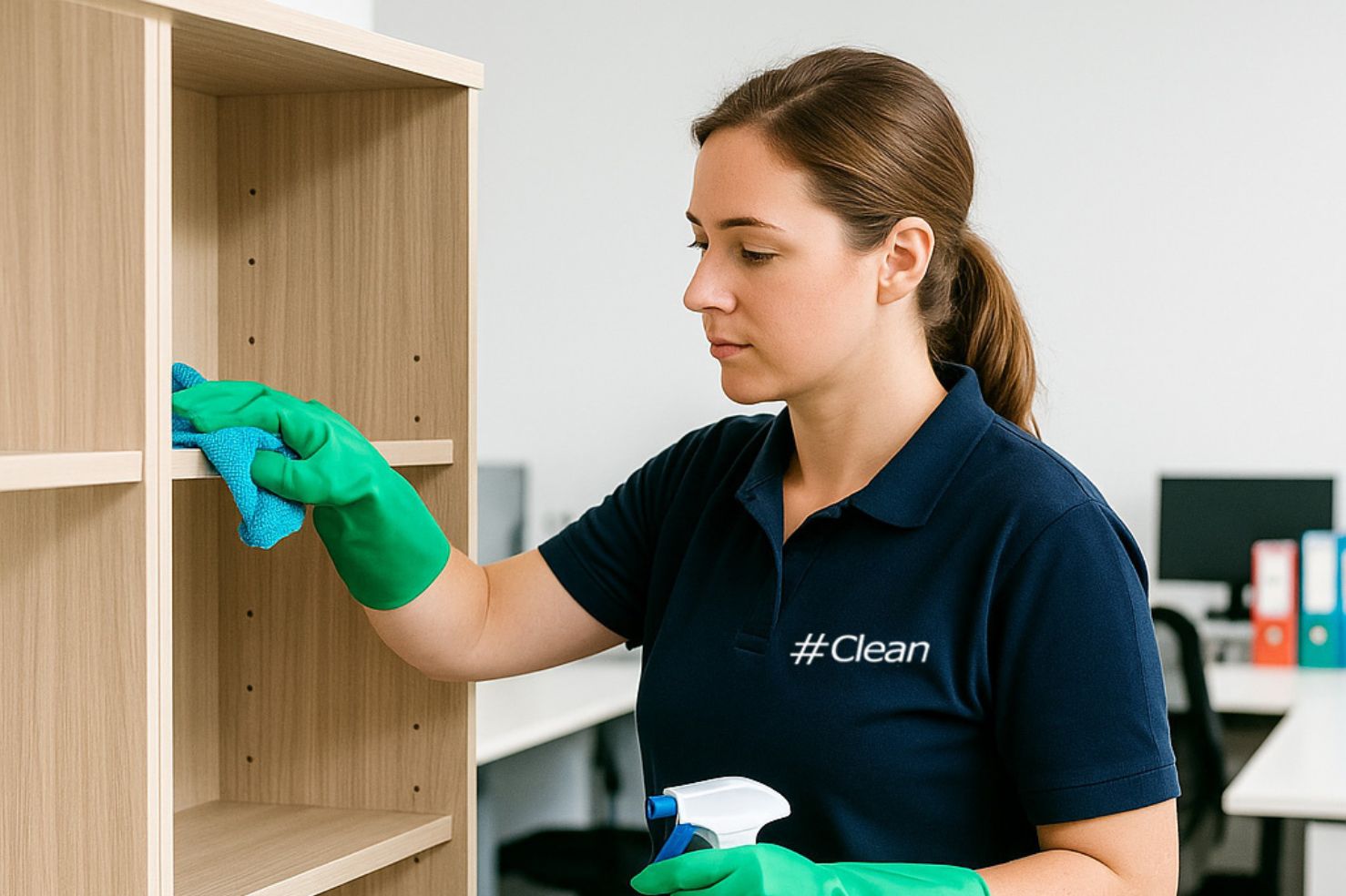 Professional cleaner carrying out an office deep clean on shelving unit in commercial workspace