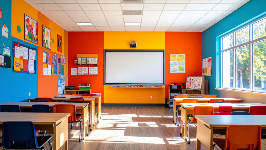 Bright and clean UK classroom ready for students after professional school cleaning