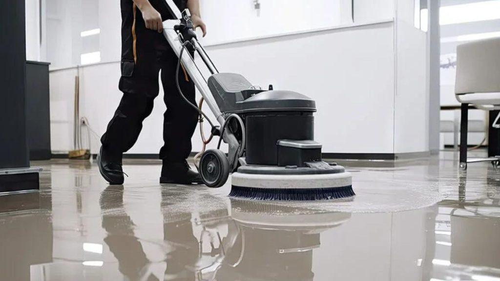 A professional cleaner in black workwear operating a commercial floor scrubbing machine on a polished hard floor in a commercial office space.