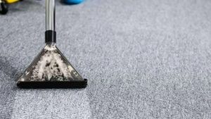 A close-up of a carpet cleaning machine head removing dirt from a grey carpet surface.