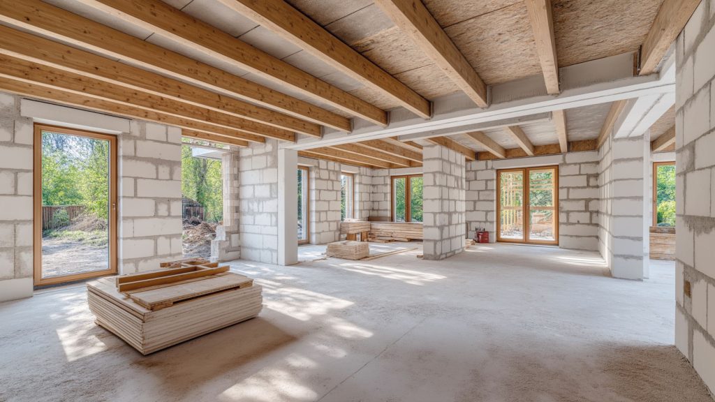 The interior of a new build property under construction, showing exposed breeze block walls, wooden roof beams, concrete floors, and timber materials ready for the next phase of finishing work.